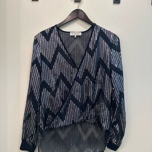 Wayf Black Sequin Chevron Wrap Blouse